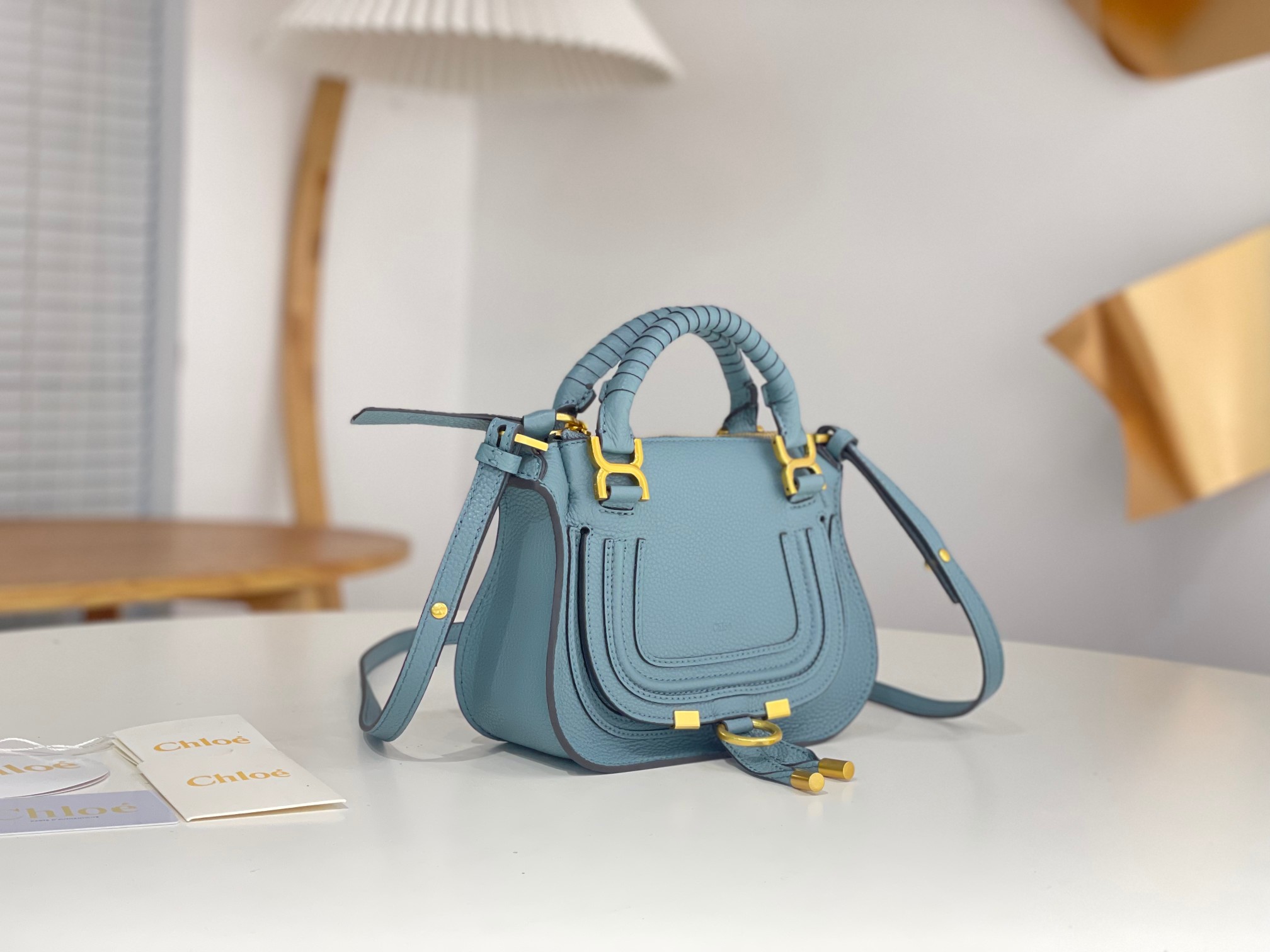 Chloe Mini Marcie Bag In Light Blue Grained Leather